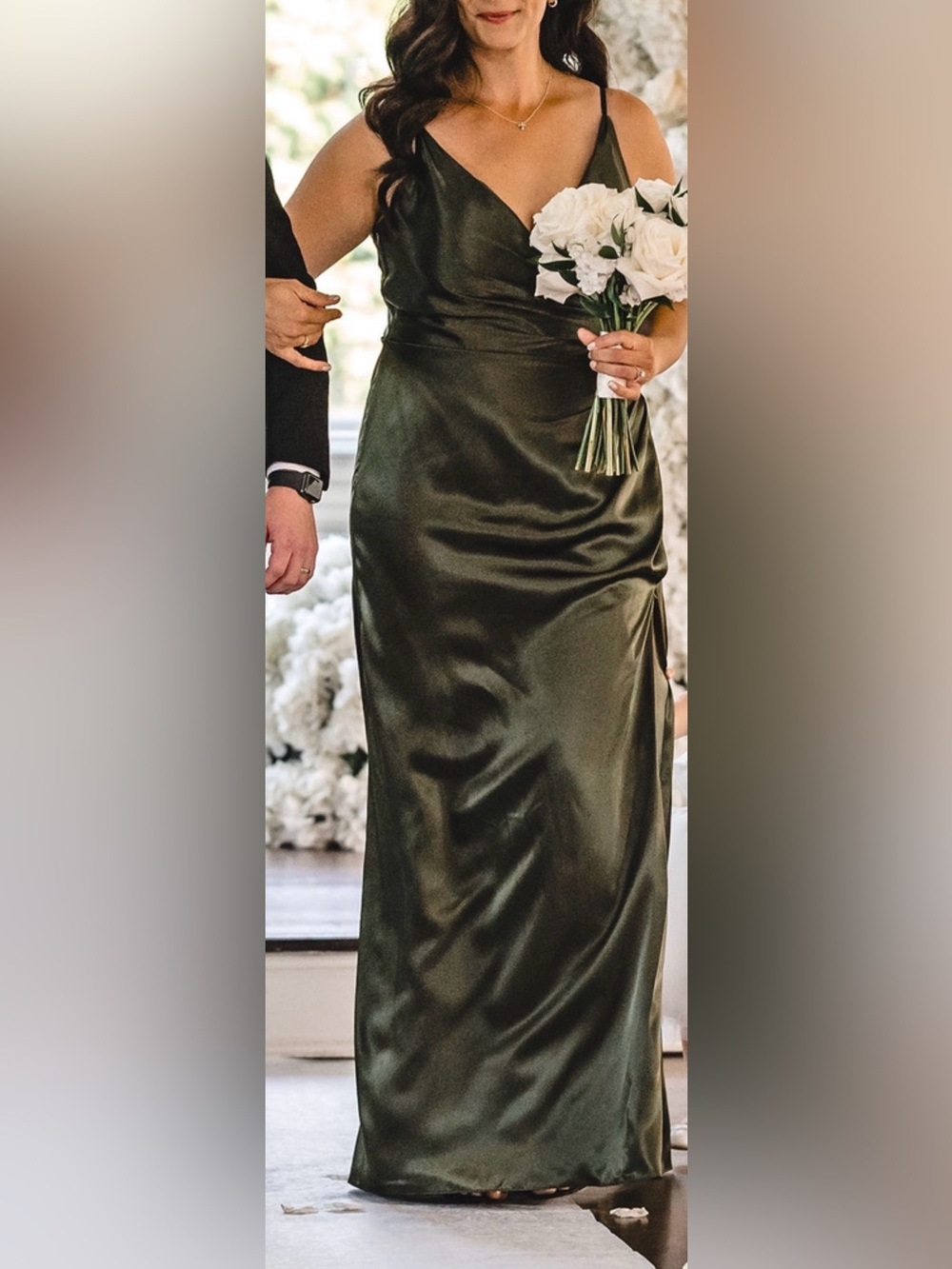 Olive Green Satin Slip Dress with Ruched Bodice
